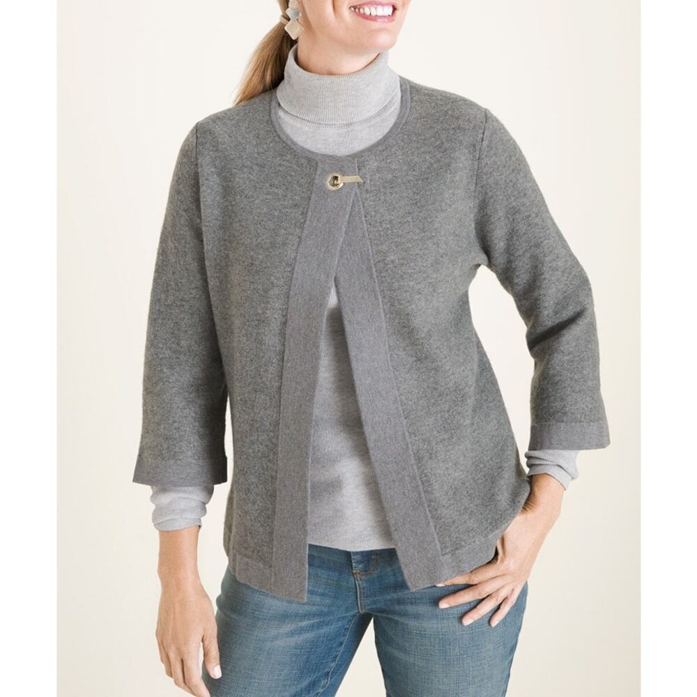 Chicos Gray Hardware-Detail Open Slit Business Casual Comfort Cardigan Sz 1(M)